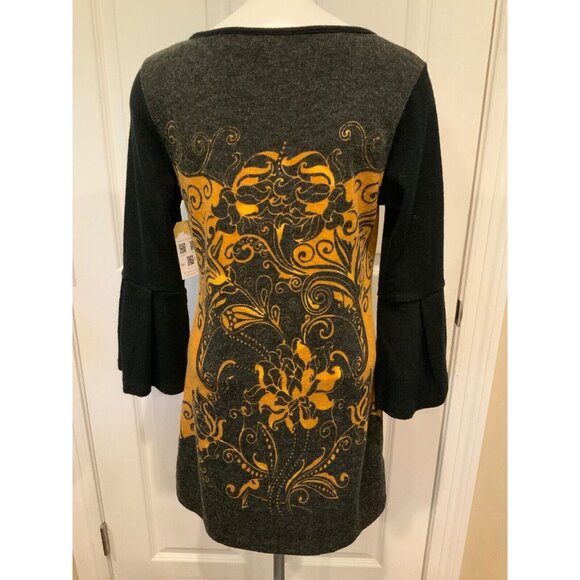 Aryeh Black & Yellow Paisley 3/4 Flare Sleeve Dress, Size Small - Picture 6 of 8